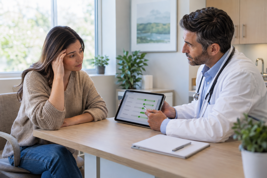 Doctor reviewing normal laboratory results on a tablet while listening to a patient who continues to experience symptoms.